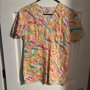 White Cross Graphic Yellow Orange Short Sleeve scrub top